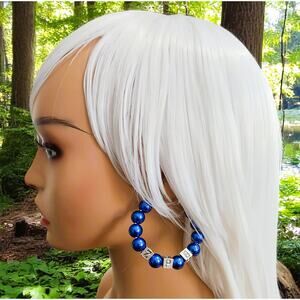 Zeta Phi Beta Earrings Hoop Blue &‎ White Pearls with blocks